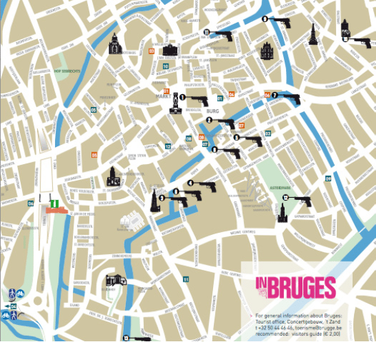 Bruges plotted filming locations with a gun icon, and mixed in traditional tourist attractions as well onto this map Source: Tourism Bruges