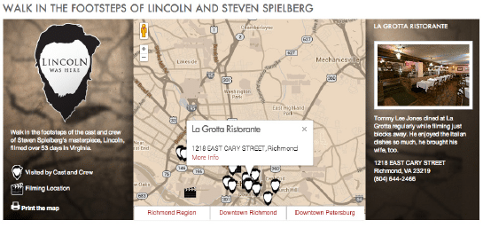 Virginia’s Lincoln microsite included filming locations and the actors’ favorite haunts while filming in Richmond Source: Virginia Tourism Corporation