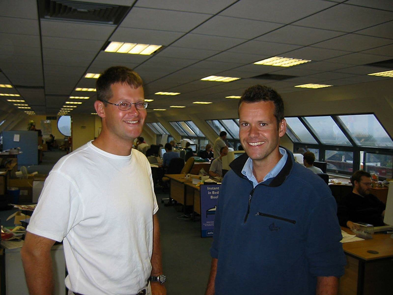 Active Hotels co-founders Andy Phillipps and Adrian Critchlow, who are cousins, pictured in the company's second office in Compass House, Cambridge, UK around 2006.