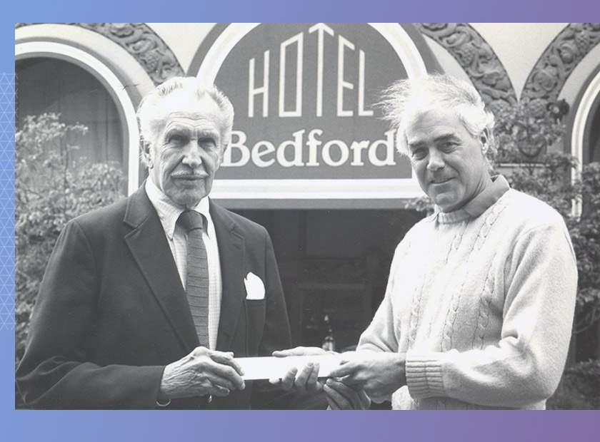 Bill Kimpton (R) with actor Vincent Price in front of the Hotel Bedford, the company&#39;s first property.&amp;nbsp;