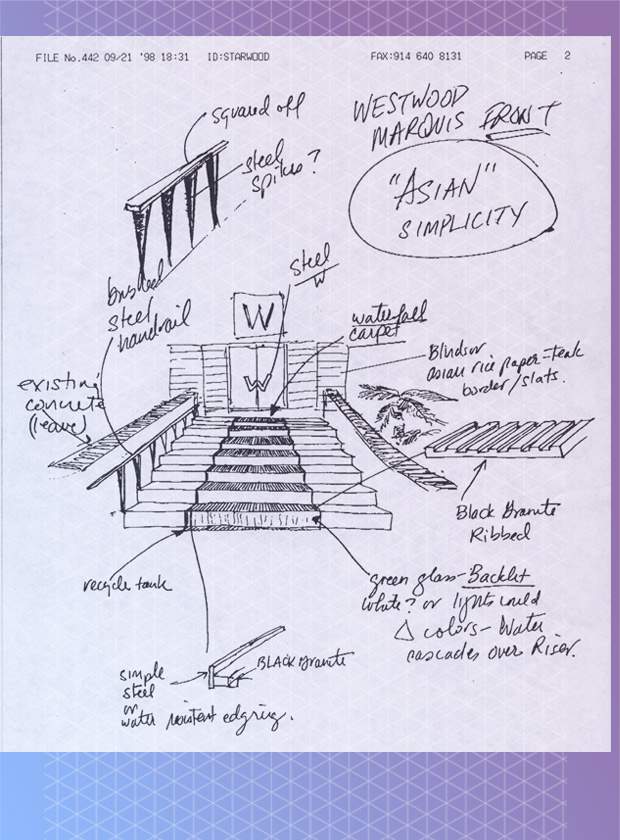 Barry Sternlicht&#39;s sketch for the entrance of the W - Westwood in Los Angeles, now known as the W - Los Angeles, West Beverly Hills
