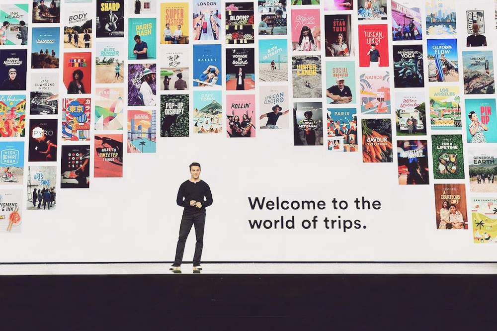 Airbnb CEO Brian Chesky on stage at the company's Open event to announce the launch of its Trips product. Photo: Airbnb