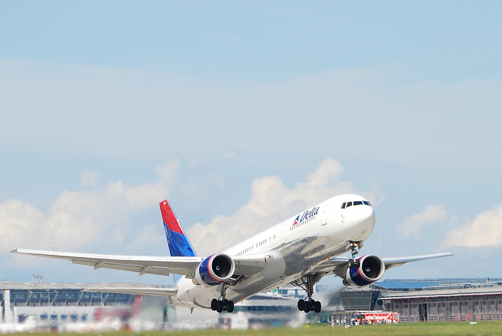 A Delta Airline Boeing 767 jet takes off from Stuttgart Airport in Germany.