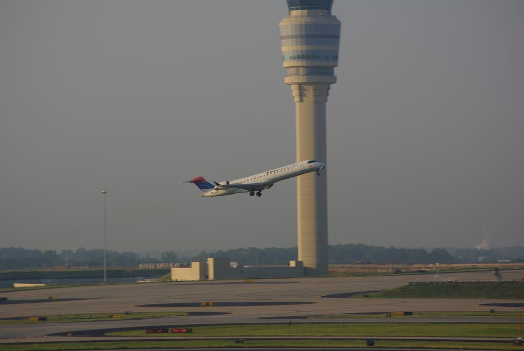 A Delta Connection flight operated by Atlantic Southeast AIrline takes off from Atlanta Hartsfield-Jackson Airport. 