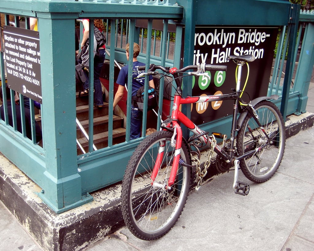 A bike at the Brooklyn Bridge subway stop where many New Yorkers opt to ride into the city.
