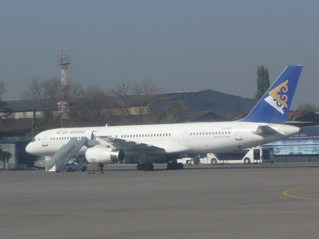 An Air Astana jet sits at Almaty International Airport in Kazakhstan.