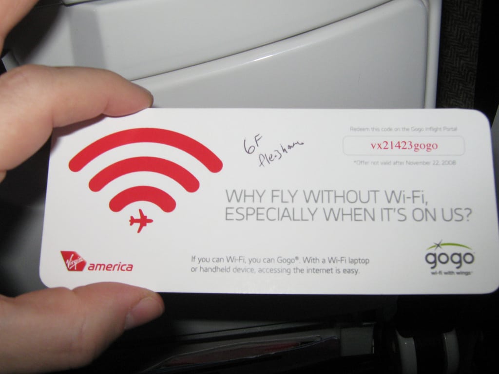 A voucher for free wi-fi onboard a Virgin American flight.