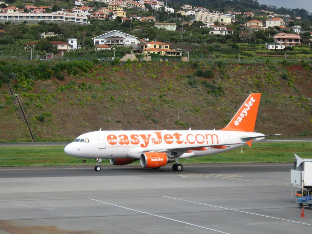 An easyJet flight lands in Funchal, Portugal.