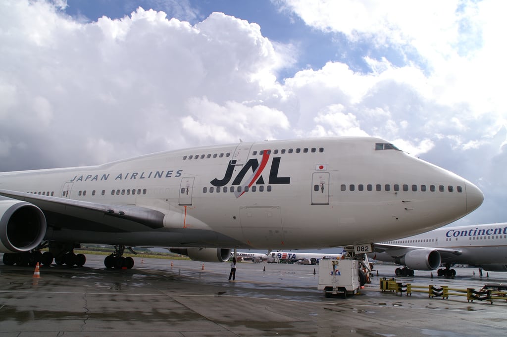 A Japan Airlines plane on the tarmac of GRU airport in Sao Paulo, Brazil.