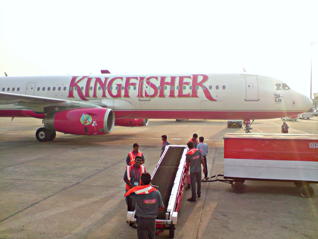 A Kingfisher A320 flight readies for departure from Chennai Airport.