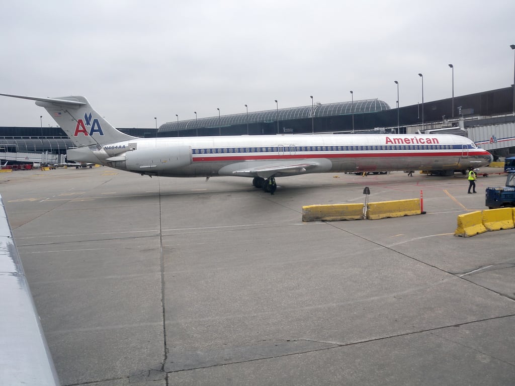 An American Airlines flight sits on the tarmac.