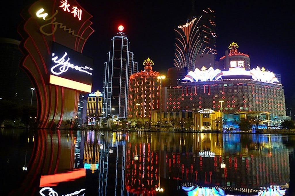 Night lights in front of the five-star Wynn Hotel in Macau, China. 