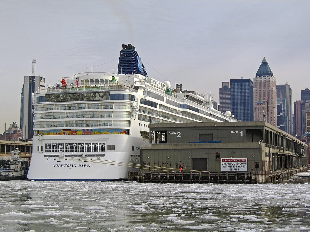 Sister-ship Norwegian Dawn docked in the Hudson River.