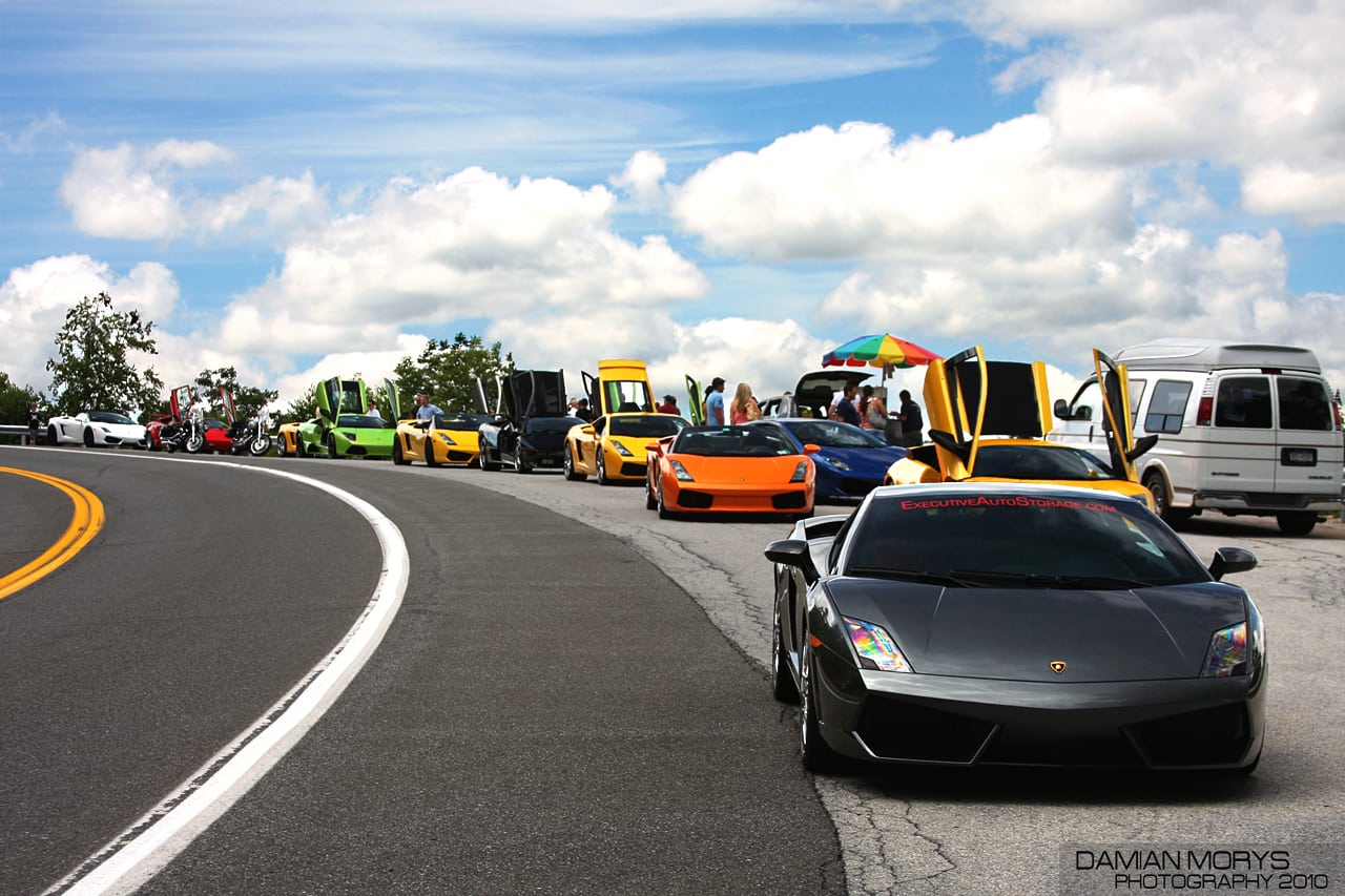 Lamborghinis line up for a race.