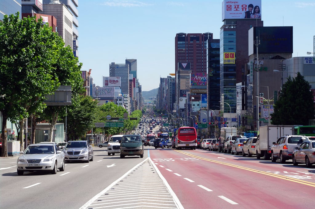 Traffic on a clear day in the Gangnam neighborhood of Seoul. 