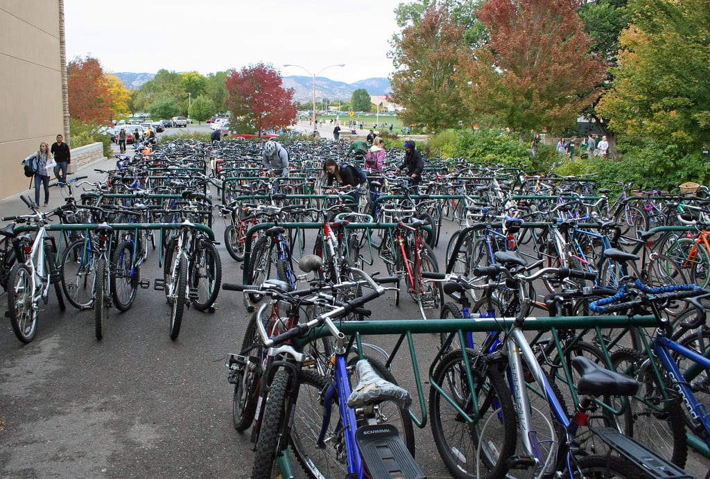 Bikes are lined up at Colorado State University in Fort Collins.