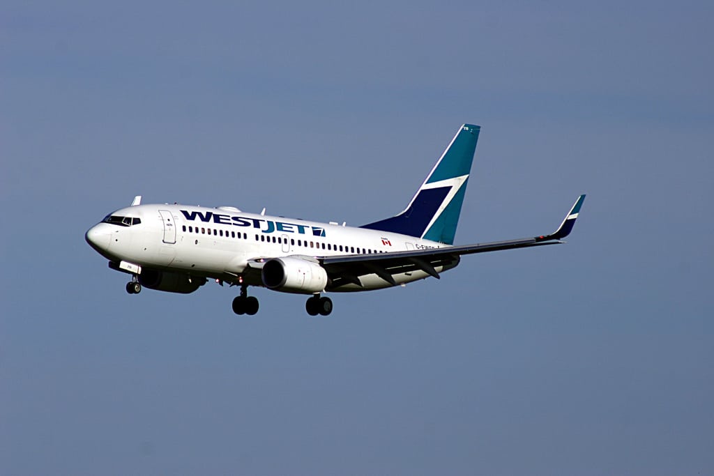 A WestJet flight arrives in Toronto, Canada.