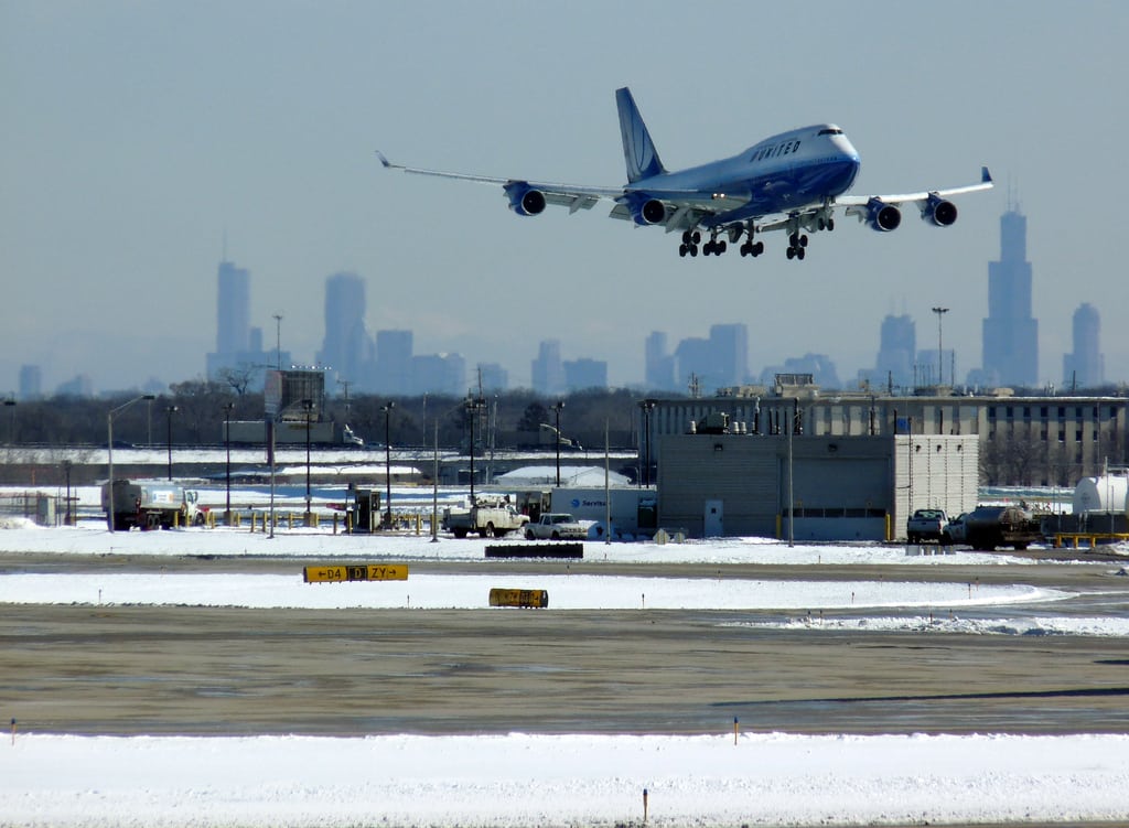 An United Airlines flight takes off in Chicago.