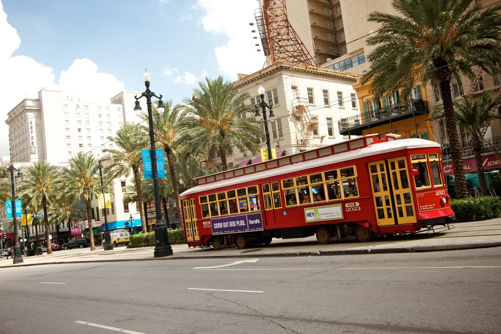 A trolley rolls down Canal Street in New Orleans in July 2011. 