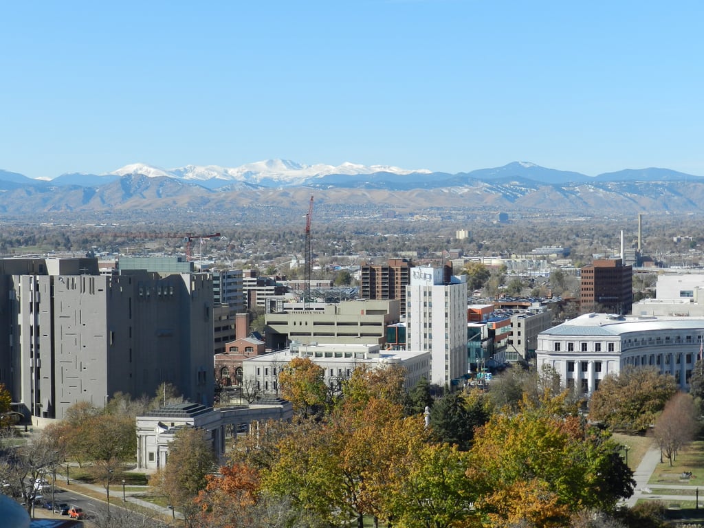 A photo of the Denver skyline taken from the Capital dome.