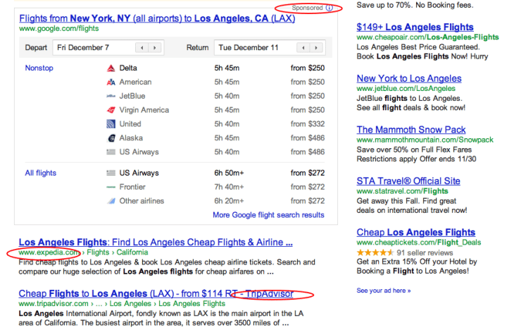 Google flight search results point users to Google Flight Search to the detriment of Expedia and TripAdvisor.