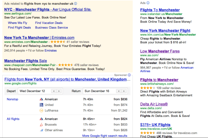 Organic results go missing when searching Google for Los Angeles to Manchester, UK, flights.