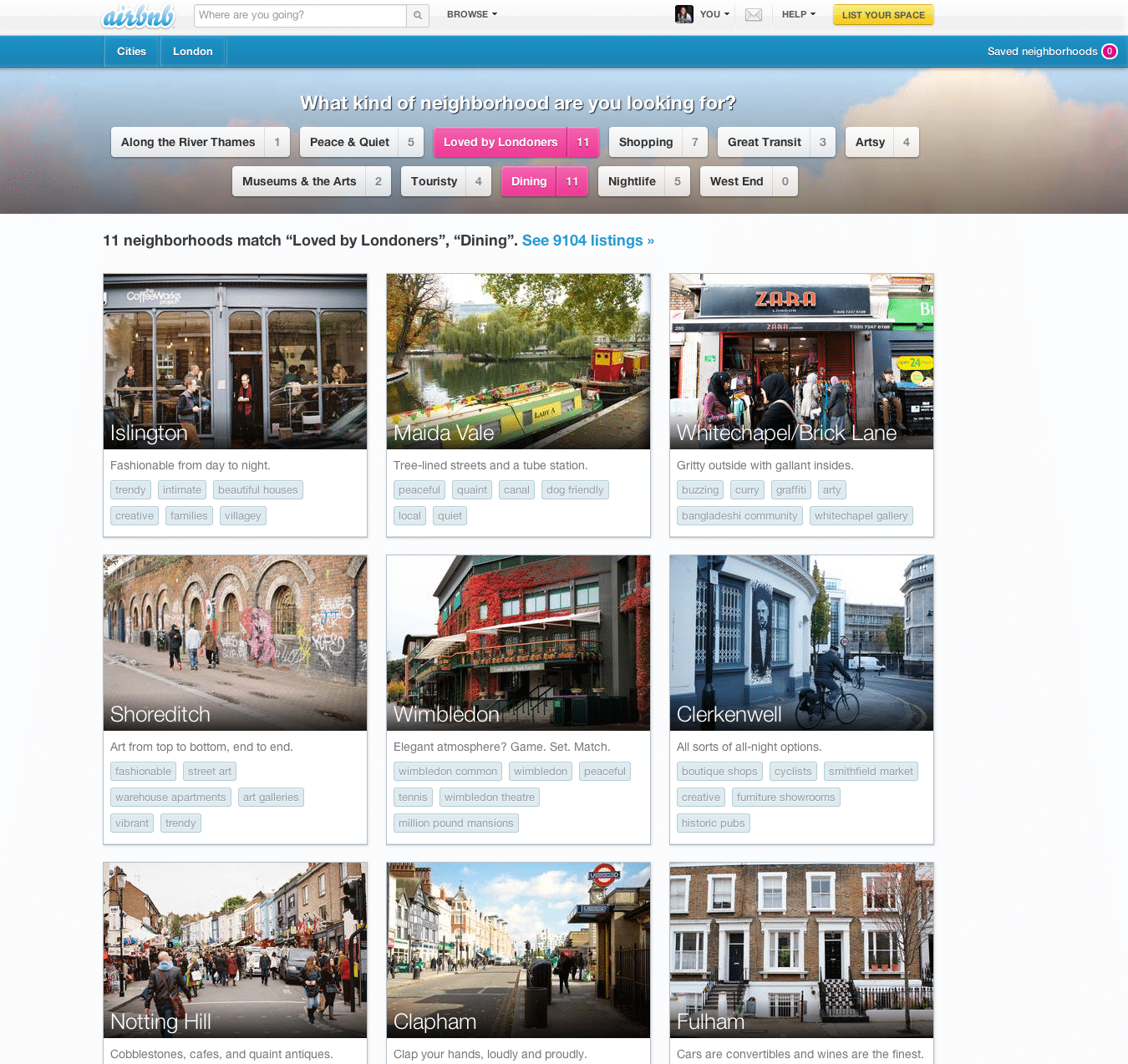 An example of a search on Airbnb Neighborhoods.