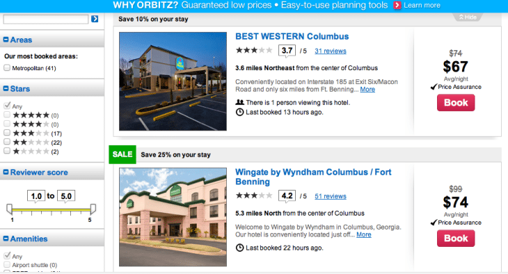 Columbus, Ga., hotels are available on Orbitz.com (above), but they don't exist for Expedia.