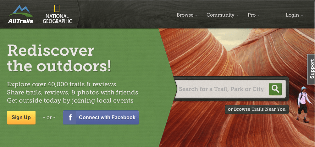 The homepage of the AllTrails website.