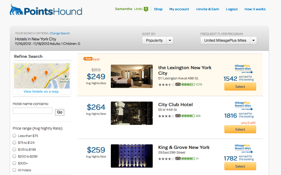 A search for hotels in New York City on PointsHound.com.