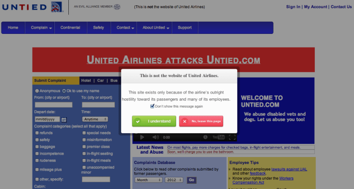 Untied.com warns visitors that the site isn't affiliated with United Airlines.