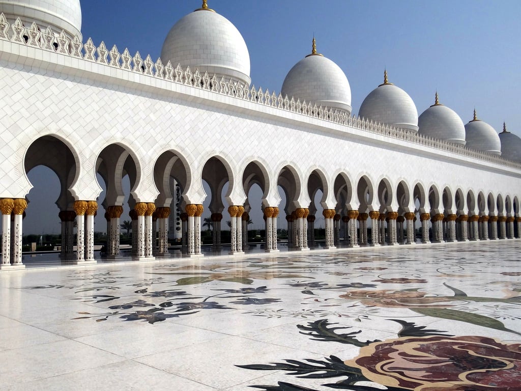 Exterior of Sheik Zayed Mosque in Abu Dhabi.