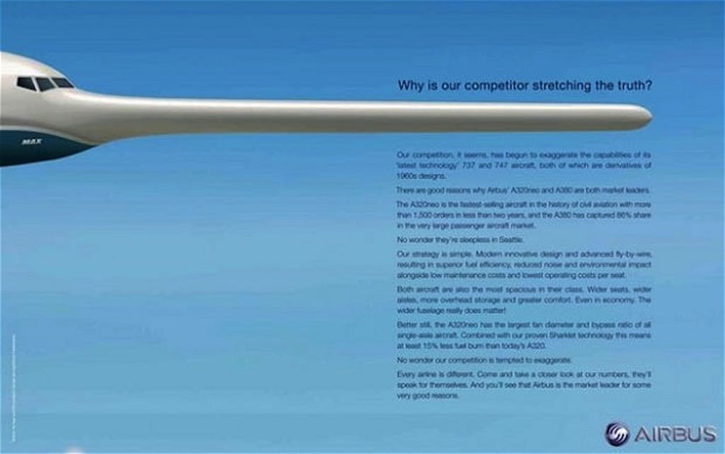 The latest Airbus ad depicts Boeing with long nose like a lying Pinocchio. 