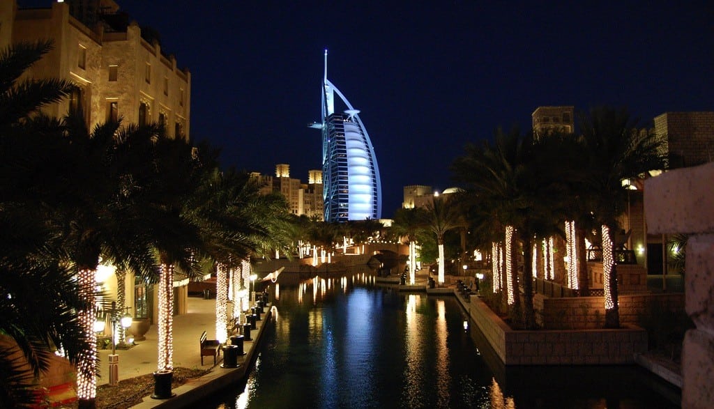 Souk Madinat and Burj Al Arab at night.