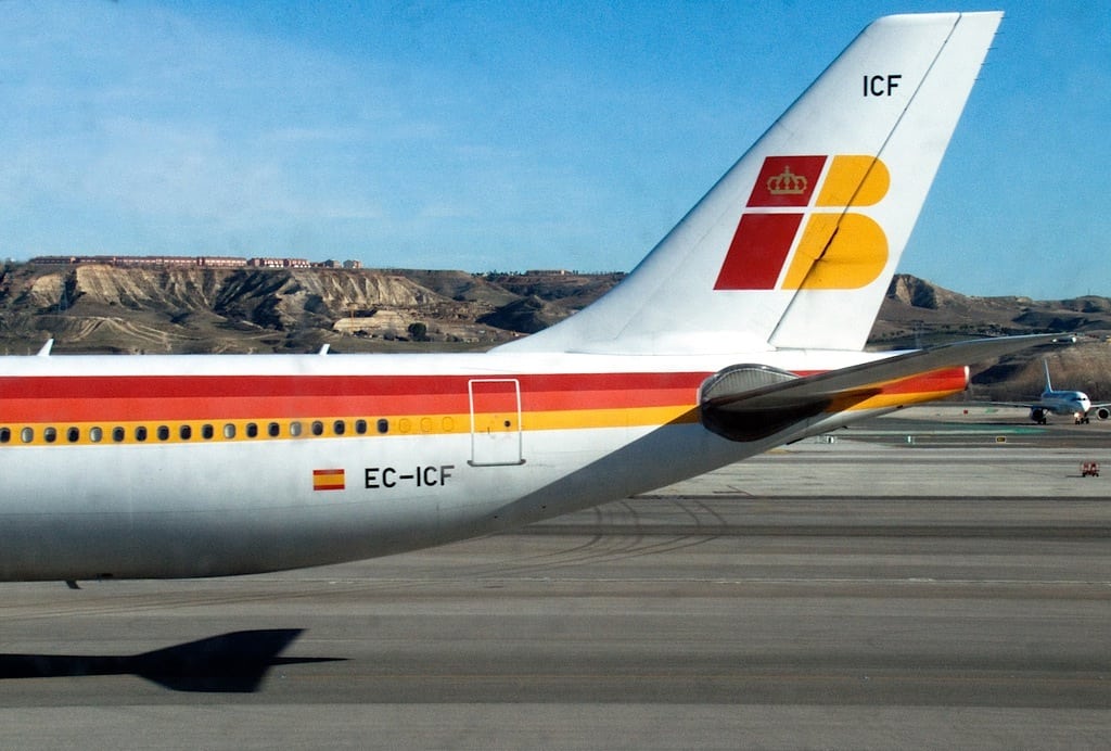 An Iberia plane on the tarmac in Madrid, Spain.
