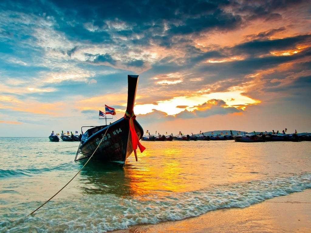 A longboat on a beach in Krabi, Thailand.