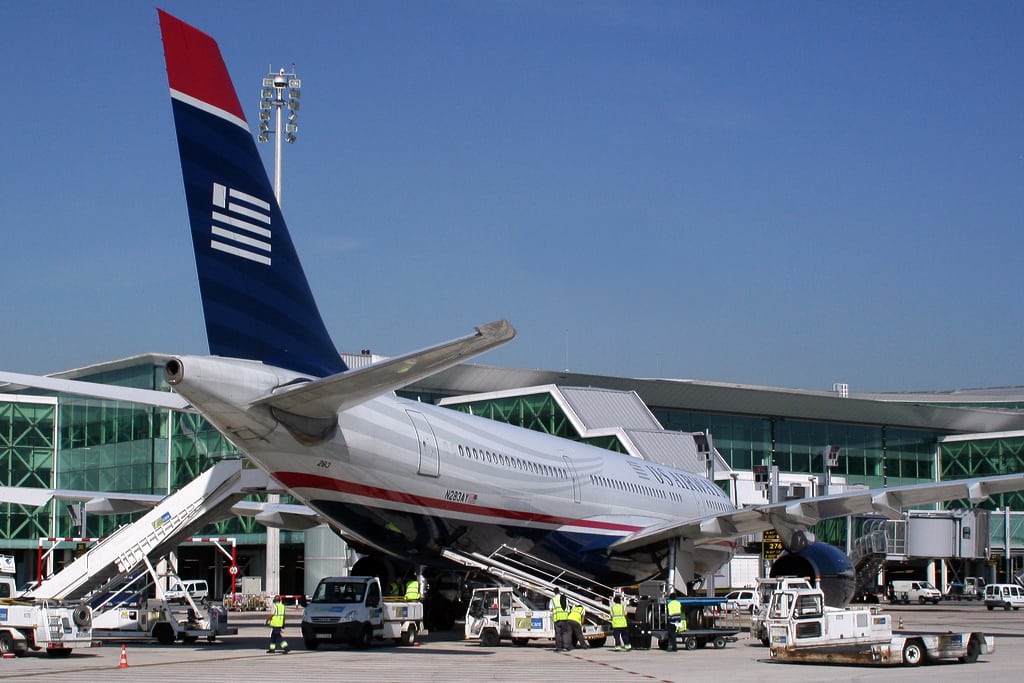 A US Airways plane on the tarmac in Barcelona, Spain.