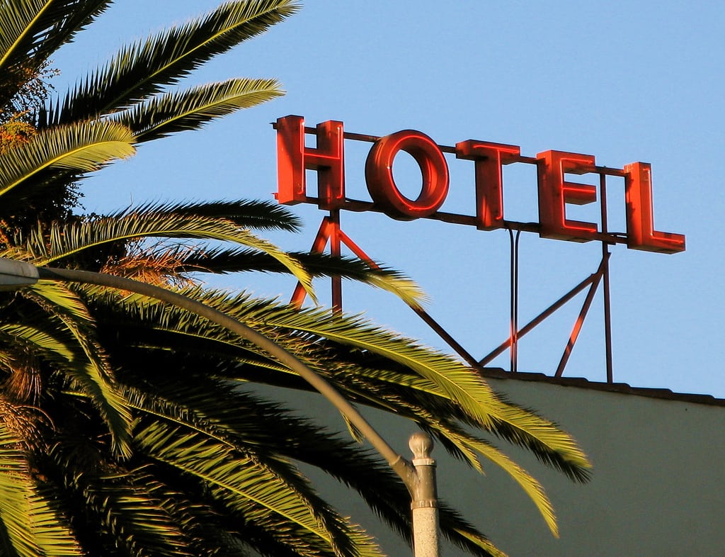 The sign on the famous Hotel California in California. 