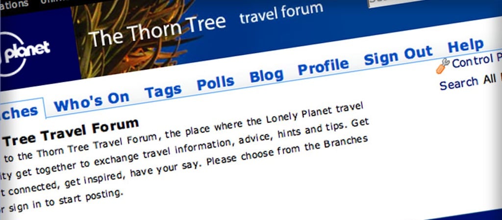 A screenshot of Lonely Planet's Thorn Tree forum from 2008.