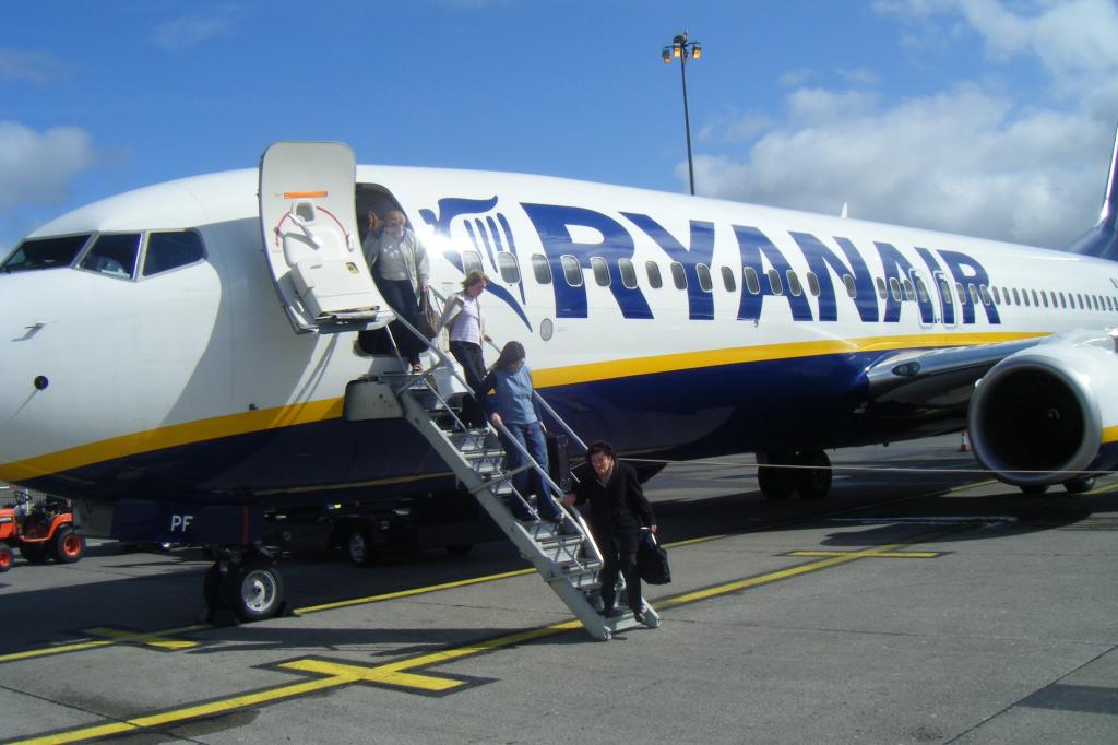 Passengers disembarking from a Ryanair jet at Ireland West Knock Airport. 
