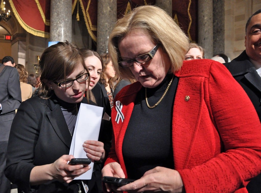Senator Claire McCaskill looks at her smartphone in Washington, D.C.