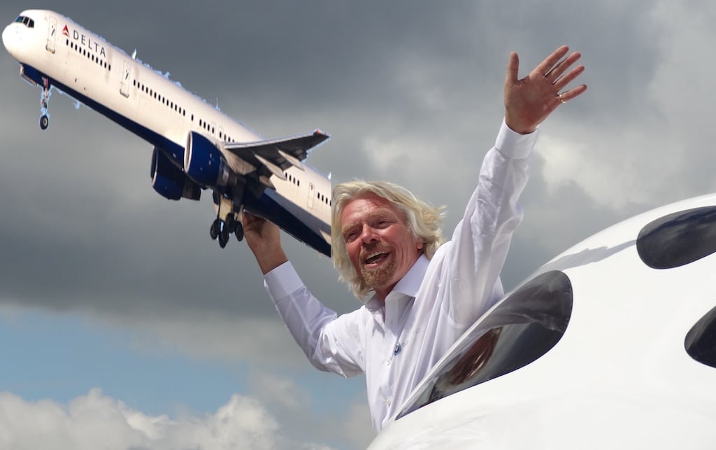 A photo composite with Richard Branson and his new friends at Delta.