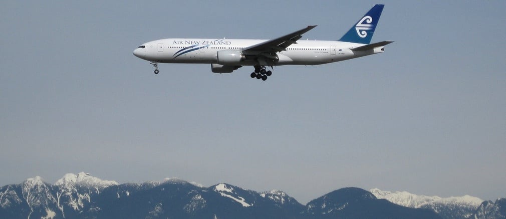 Air New Zealand Boeing 772 landing in Vancouver after a flight from Auckland. 
