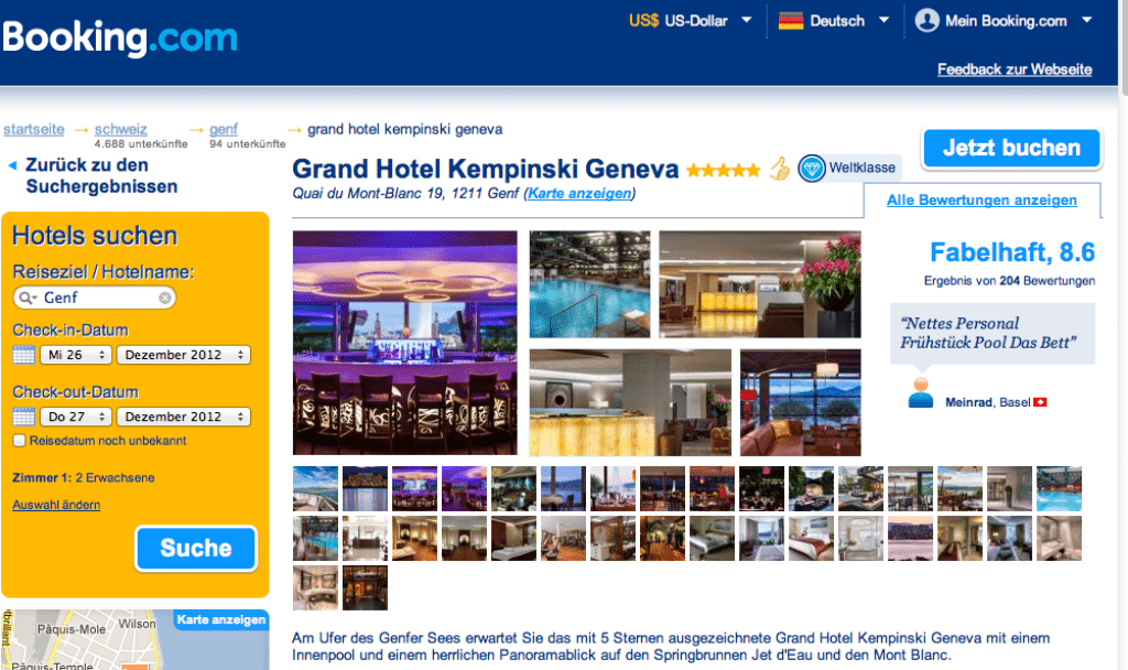 Booking.com's Germany site displays a Geneva hotel