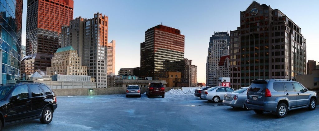 A panorama view of a parking garage in downtown Boston. 