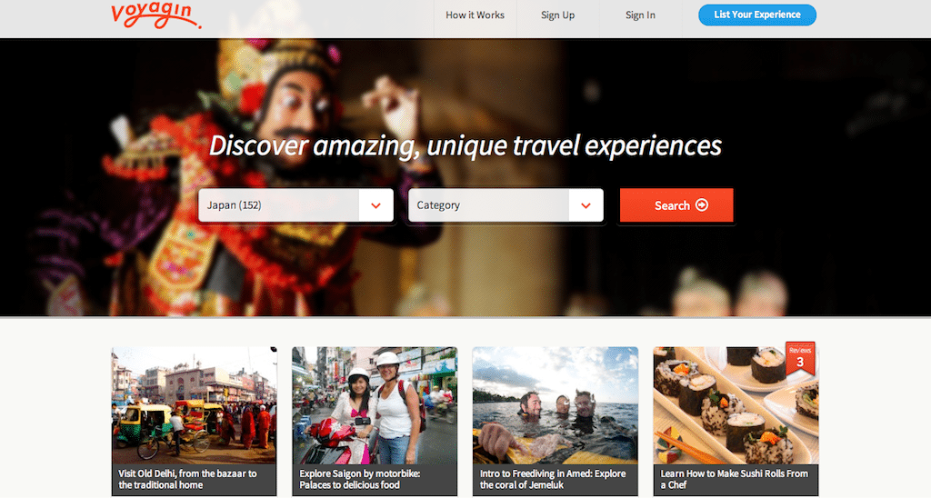The vacation activity-booking site Voyagin launched in Tokyo today, 