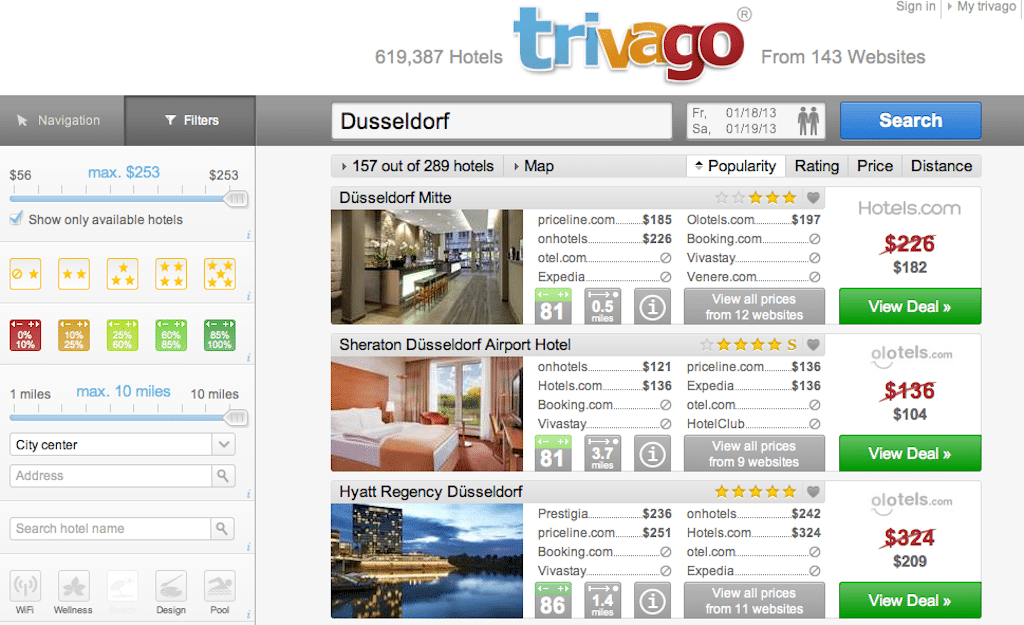 Trivago's hotel search site claims to present offers from 620,000 hotels.