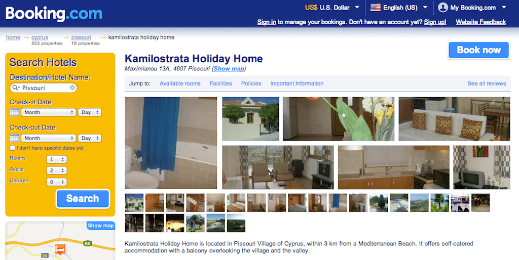 Booking.com is blending vacation rentals such as the Kamilostrata Holiday Home in Cyprus into its hotel listings. 