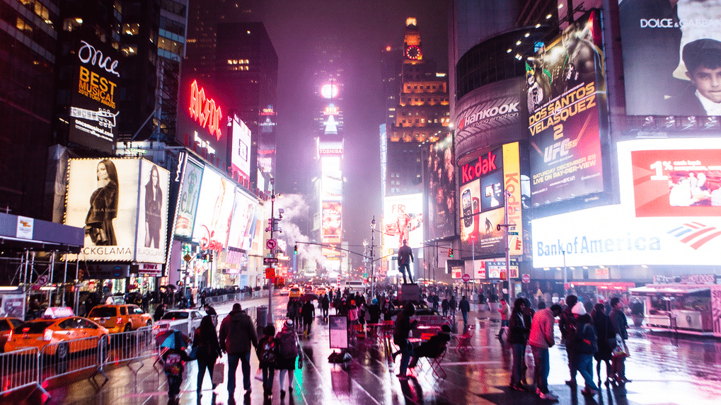 Times Square, winter wet night in New York City. 