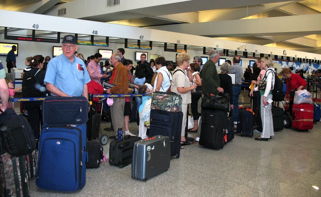 Passengers waiting to check baggage at Delta counters in Atlanta. 